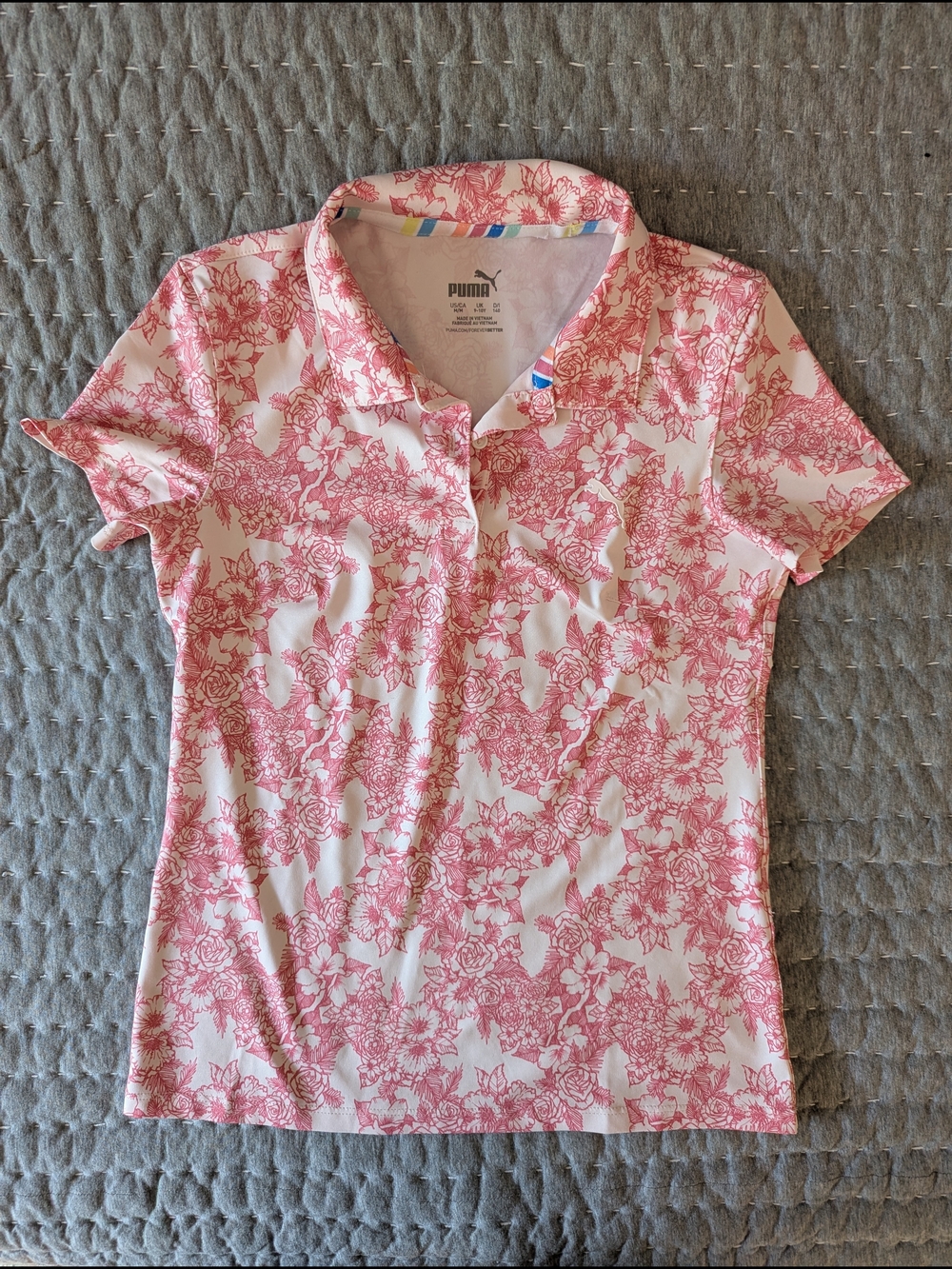 Puma Pink White Tropical Floral Button Down Polo - Golf Athleisure - Small